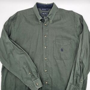 Nautica Men's Button-Down‎ Shirt XL Green 100% Cotton Made in Jamaica